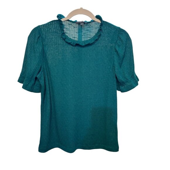 J. Crew Green Pointelle Short Sleeve Ruffle Neck Top - Picture 4 of 12
